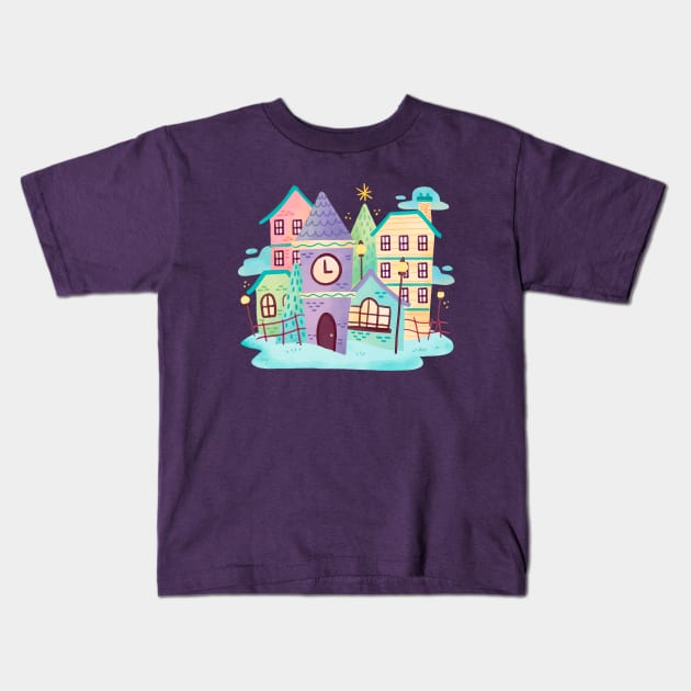 Watercolor Cute Town Scene Kids T-Shirt by parazitgoodz